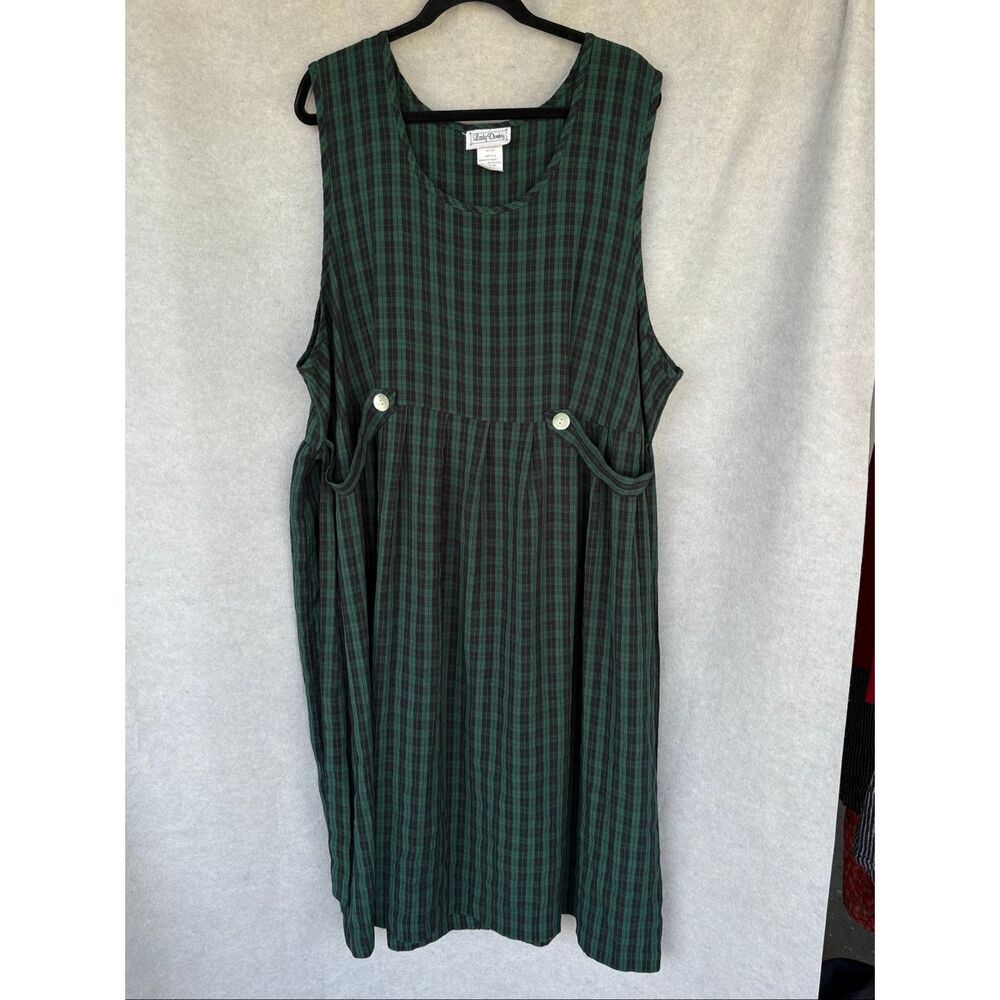 Lady Dorby Green Plaid Jumper Dress Size 22 Sleeveless Tie Waist Pockets Vintage